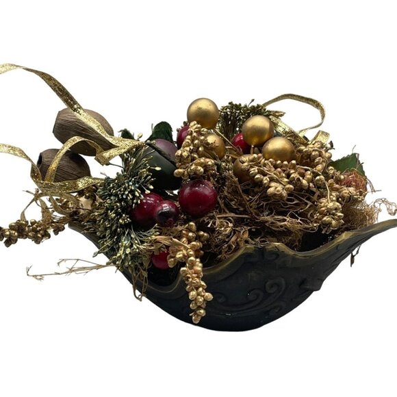 unknown Other - vintage Christmas floral centerpiece decor metal bowl gold red 7.5" READ